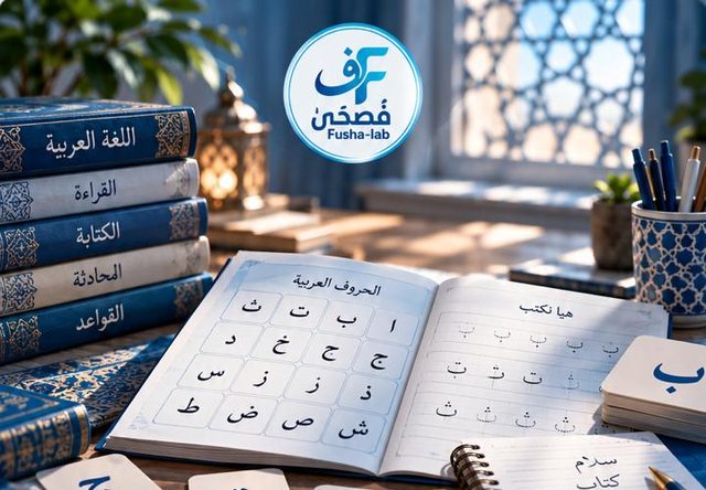 Arabic alphabet workbook and letter flashcards on a desk